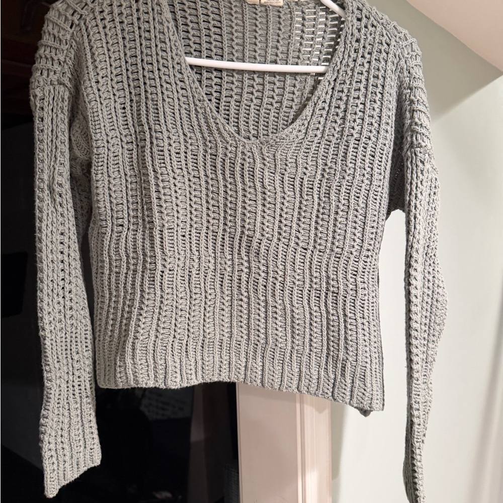 Sky and Sparrow Sage Green Open-Knit V-Neck Sweater